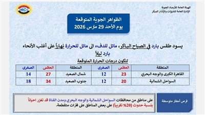 حالة الطقس اليوم الأحد 29 مارس 2026 في مصر.. أمطار ورياح وتحذيرات من الأرصاد